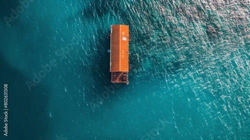 Aerial View of a Tranquil Pontoon Floating in the Turquoise Sea at Sunset photo