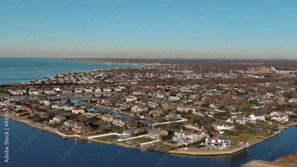 West Islip Long Island great south bay in morning Aerial blue houses West Islip Long Island great south bay in morning Aerial blue houses
