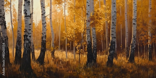 Oil painting of birch forest in autumn season, art backgrounds.