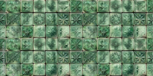Green ceramic tile background. Old vintage ceramic tiles in green with retro pattern.