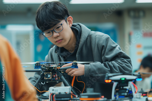 Students work on a drone project with tools. Computer monitors and robot model parts, technology, advanced education, drone