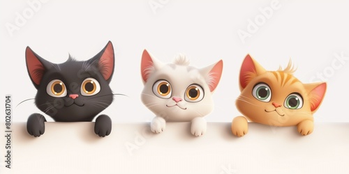 Three cute cartoon cats holding empty banner, adorable kittens animals peeking out blank board, with copy space, for cards, banner, posters design.