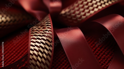 A detailed macro shot of the texture and pattern of a ribbon on a gift, highlighting the intricacy of the material,