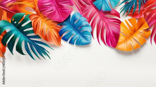 Vibrant tropical leaves artistically laid out on a white surface  creating a clean and modern look for any promotional material 