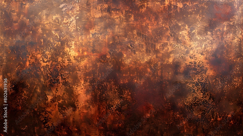 With grunge texture, a rustic copper wall background features brown, paint, and a rust effect.