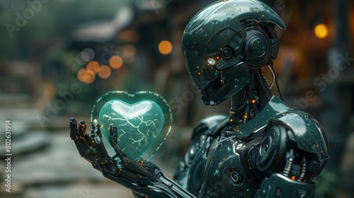 Futuristic AI Illustration: Mechanical Hand Holding Glowing Green Heart of Humanity