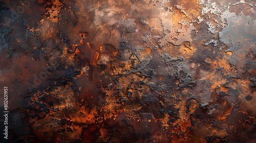 With grunge texture, a rustic copper wall background features brown, paint, and a rust effect.