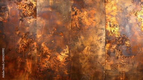 With grunge texture  a rustic copper wall background features brown  paint  and a rust effect.