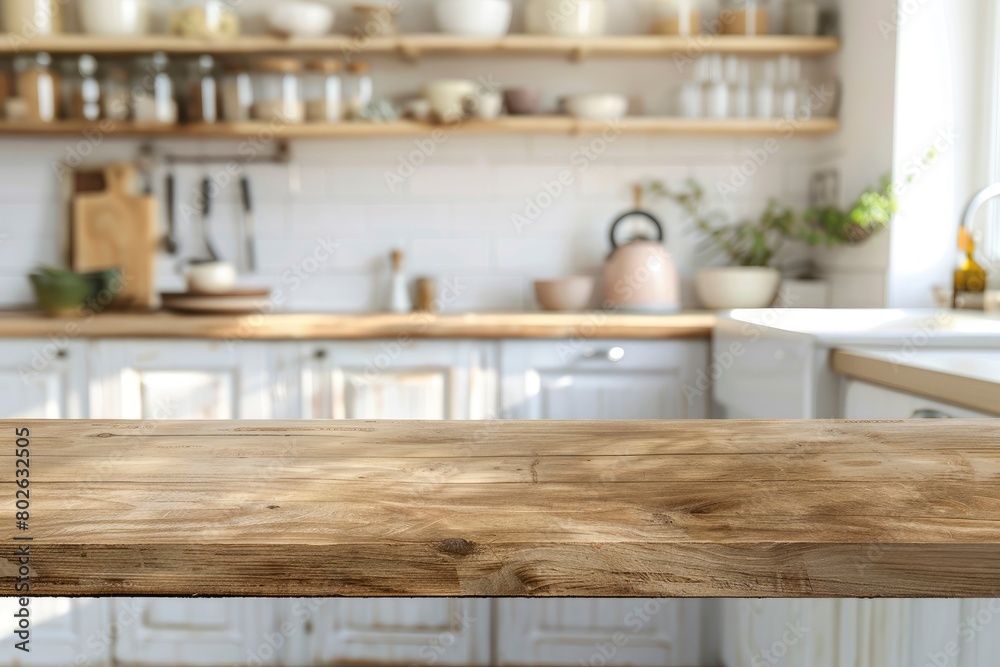 Wood table top on blur kitchen counter (room)background.For montage product display or design key visual layout - generative ai Wood table top on blur kitchen counter (room)background.For montage product display or design key visual layout - generative ai