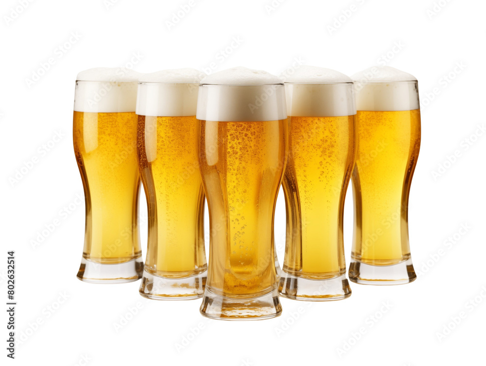 row of glasses of fresh, frothy beer, celebrating parties and good times, isolated on a transparent background. Generative AI row of glasses of fresh, frothy beer, celebrating parties and good times, isolated on a transparent background. Generative AI