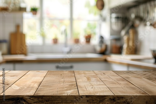 Wood table top on blur kitchen counter (room)background.For montage product display or design key visual layout - generative ai © Nia™