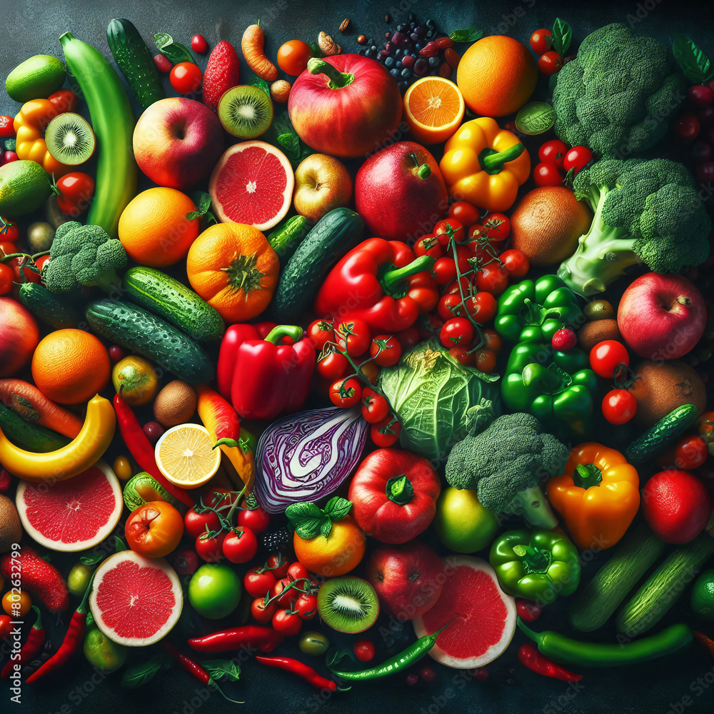 Fresh fruits and vegetables background. Healthy food concept. Top view.