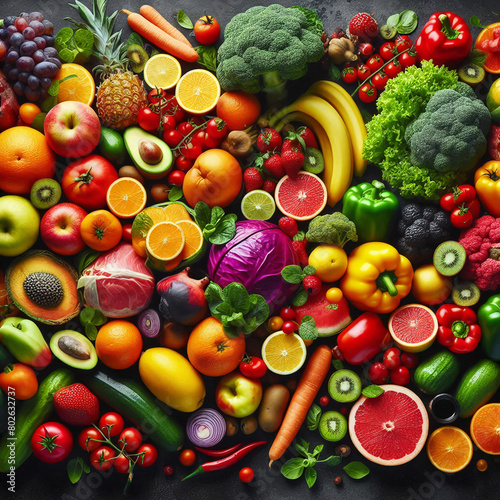 Fruits and vegetables background. Healthy food concept. Top view.