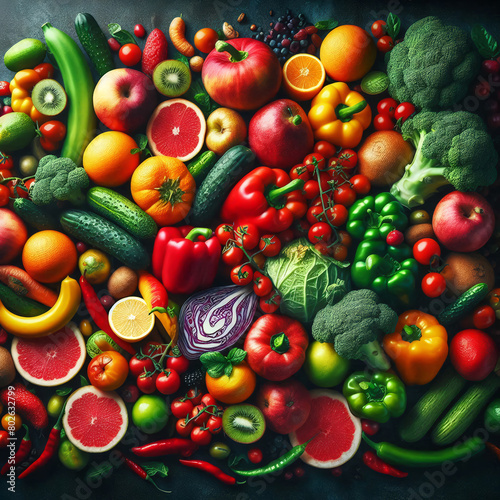 Fresh fruits and vegetables background. Healthy food concept. Top view.
