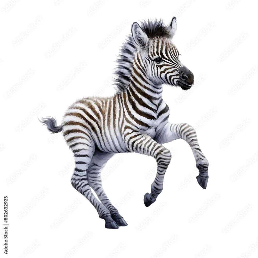 Fototapeta premium Black and white striped zebra standing alone (isolated) on a white background