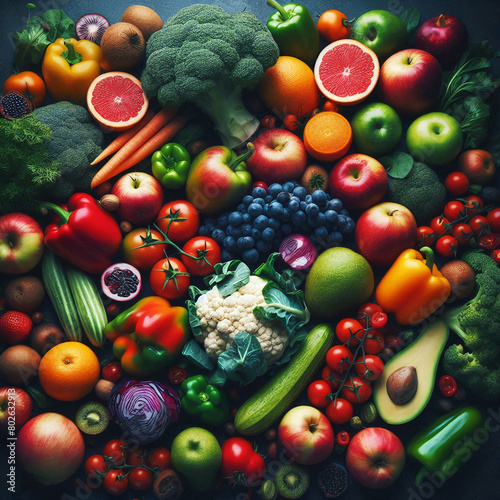Vegetables and fruits as healthy food background. Top view.