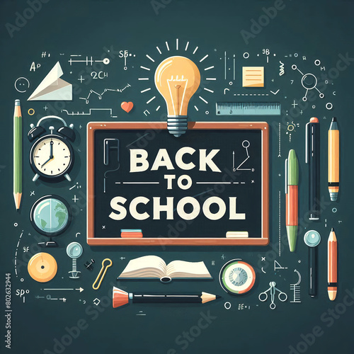 Back to school poster with chalkboard and school supplies vector illustration.