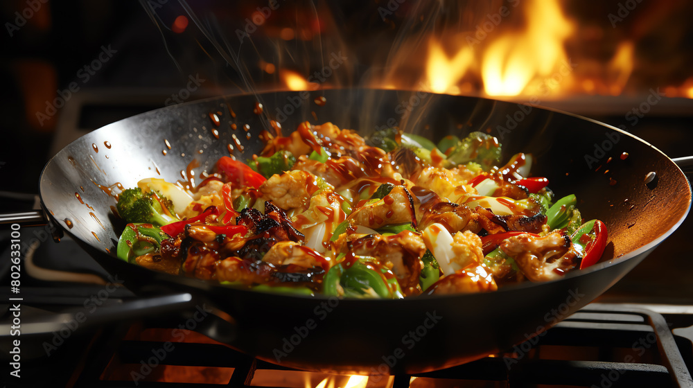 Sizzling stirfry with soy sauce in a wok, high flame, action shot capturing the chef s motion