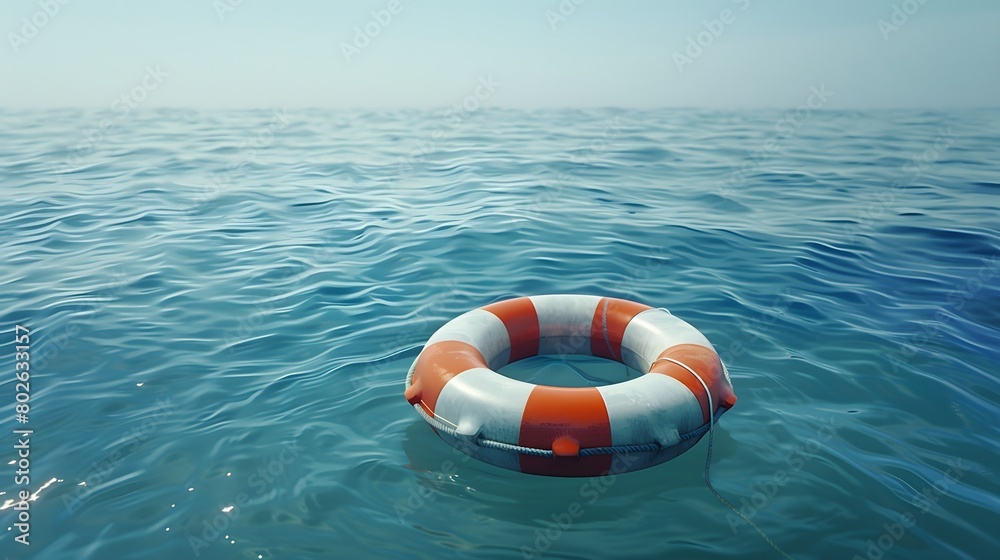 Naklejka premium A life ring floating on the ocean, representing an emergency survival tool for ship crew members in need of help. Web banner with empty space