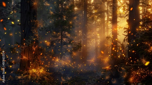 A mystical firefly forest where the glowing insects use their fiery powers to heal the land and its inhabitants from the devastating . . photo