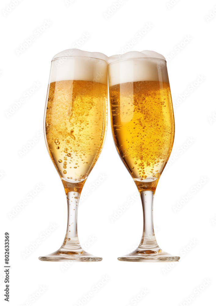 Two glasses of fresh, frothy beer, isolated on a transparent background. Generative AI Two glasses of fresh, frothy beer, isolated on a transparent background. Generative AI