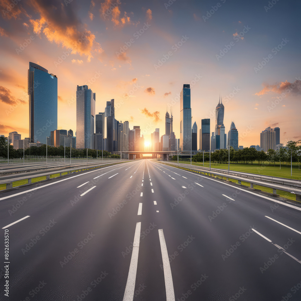 Asphalt highway and skyline with modern buildings at sunset