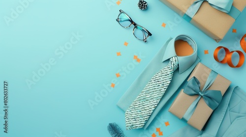 A blue dress shirt with a multi-color patterned tie, brown leather belt, silver and blue eyeglasses, and three wrapped presents on a blue background with gold confetti. photo