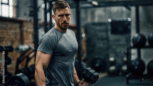 Craft an image of a handsome man showcasing elegance and determination while using dumbbells in functional training at the fitness gym
