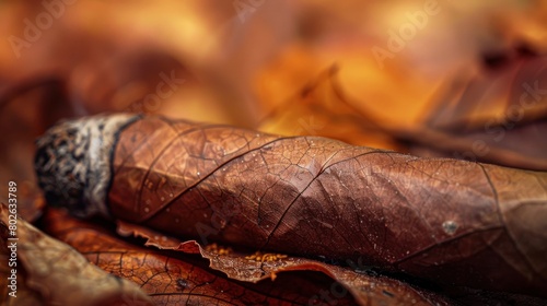 Cigar detail on nicotine-rich American plant leaves