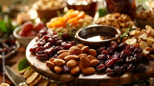 A platter of dried fruit and nuts as a starter served with artisanal crackers and y dips.