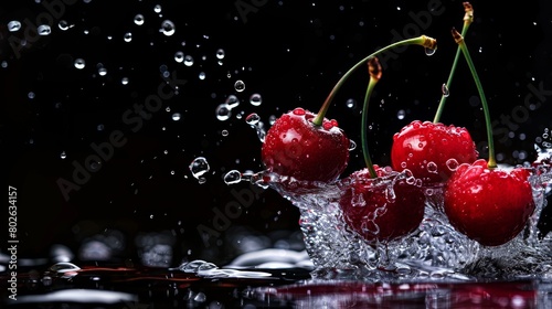 Cherry in water splash, pure red cherry in black background, fresh berries