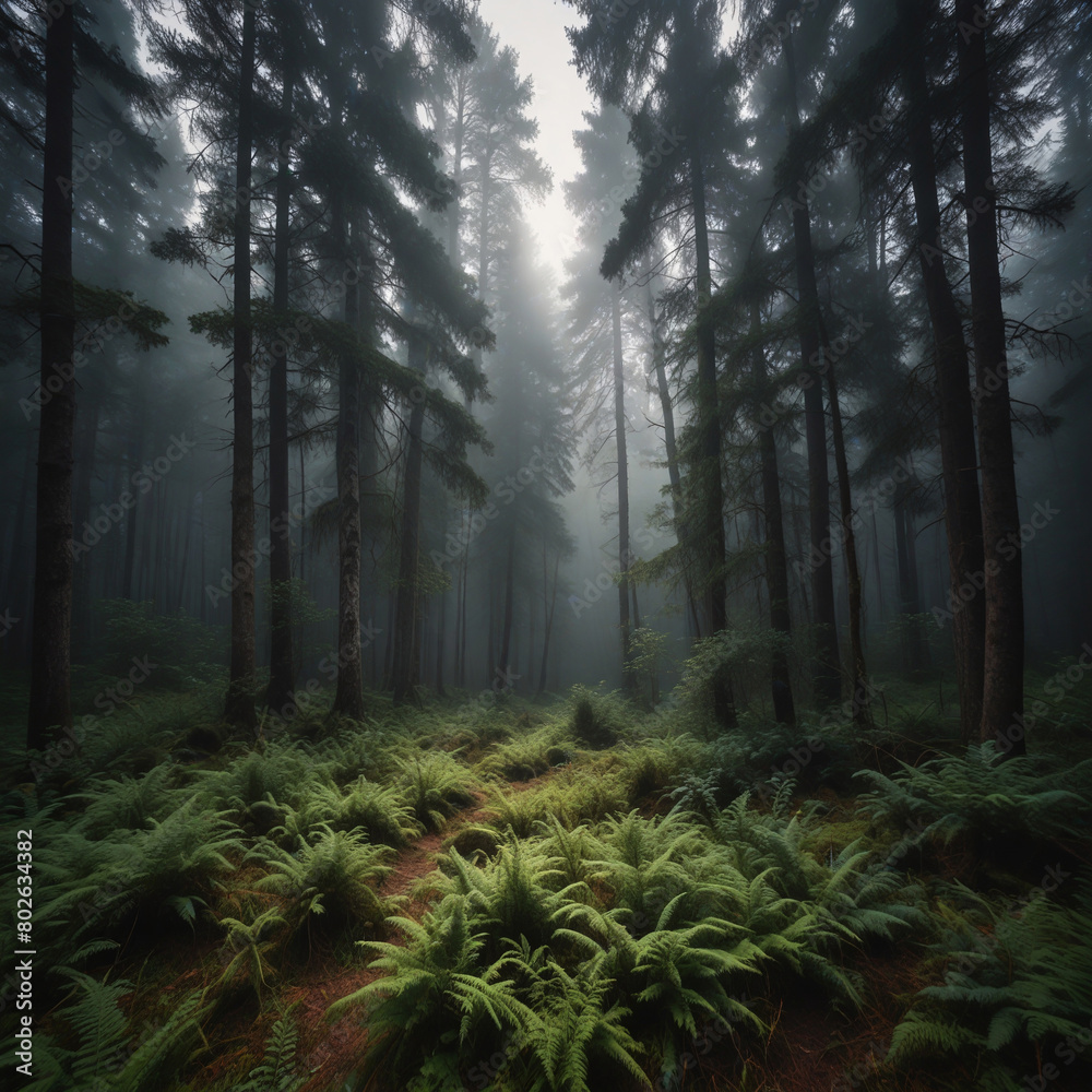A serene and mystical scene of a humid rainforest in the early morning