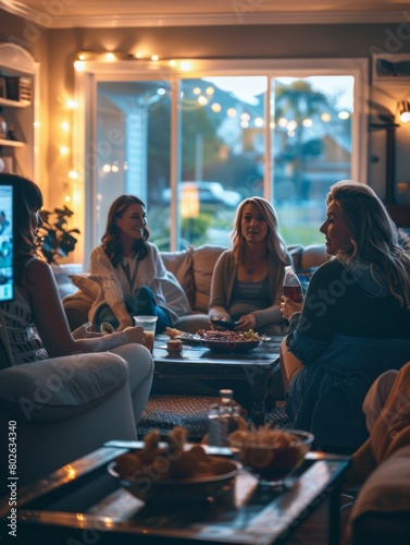 A group of friends sits together at home, enjoying food and drinks, spending quality time chatting and laughing, creating warm memories and strengthening their bonds of friendship. photo