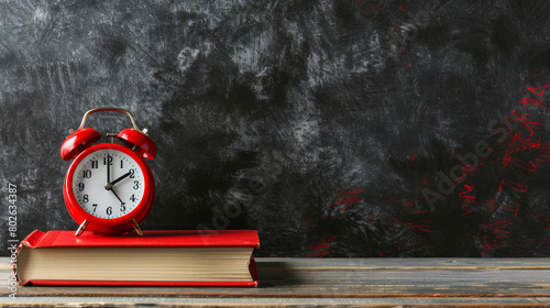 Red vintage alarm clock on book with blackboard background photo