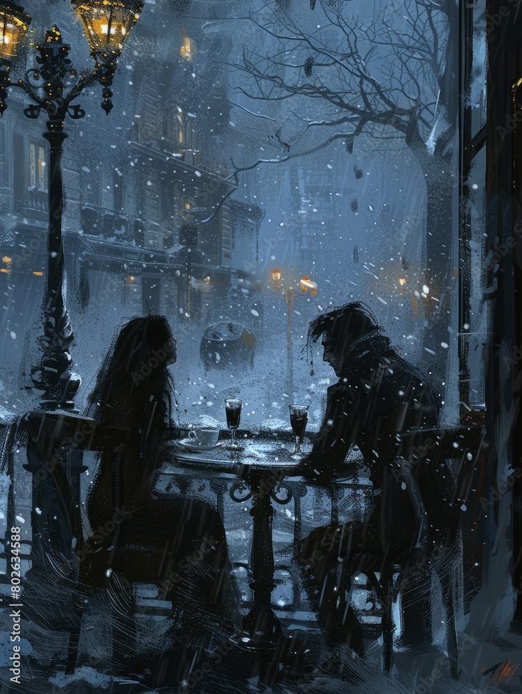 In the romantic ambiance of a winter night, a silhouette of a couple sits at a table in a cozy restaurant, enjoying coffee and each other's company, their warmth contrasting with the chilly outdoor a