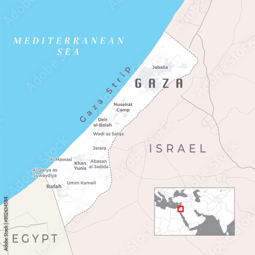 Gaza Strip political map. Palestinian territory on the coast of Mediterranean Sea. photo
