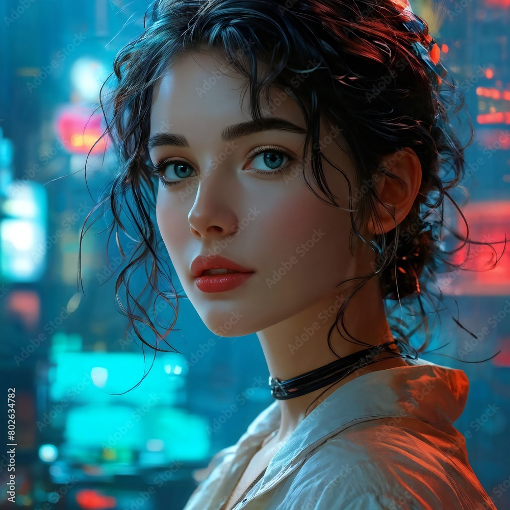 Hyperrealistic digital art of a girl in the neon light city. Hyperrealistic digital art of a girl in the neon light city.