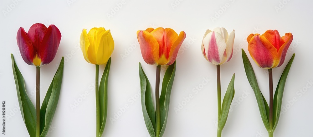 Tulips. Six blooms separated against a white background.