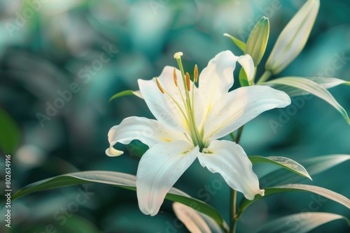 A white lily flower with a green stem is in a field of green grass. photo