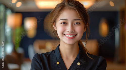 smiling woman of hotel service wearing blue uniform, housekeeping, hospitality worker, luxury 5 star hotel photo