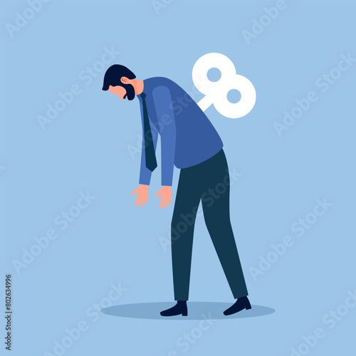 Burnout man. Windup puppet businessman exhausted from overwork. Recharge and low energy office worker concept.