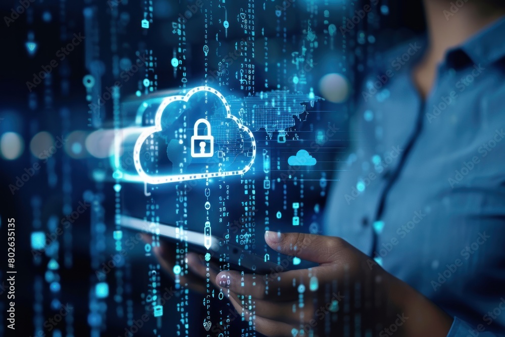 A woman is touching a cloud with a key on it. A woman is touching a cloud with a key on it.