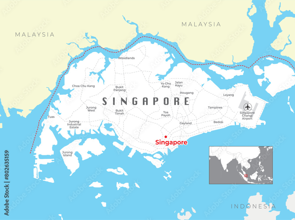Singapore island political map with capital Singapore, national borders and important cities