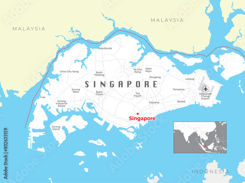 Singapore island political map with capital Singapore, national borders and important cities photo