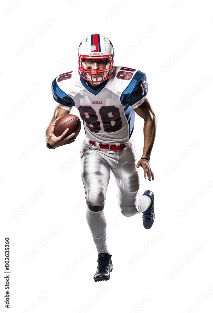 Dynamic American football player in mid-action on a transparent background, showcasing strength and focus. Generative AI