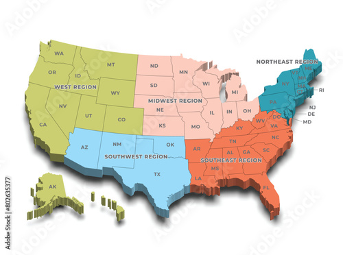 Region wise 3d map of United States of America