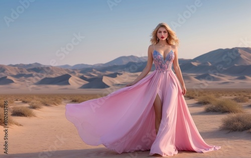 lady in a striking pink dress lance stands out like a rose blooming in the midst against the backdrop of the barren desert © Easy on Ai
