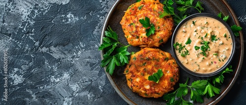 Three properly cooked crab cakes are served with a bowl of remoulade sauce flavored with fresh parsley on a clean wooden backdrop for text or product and top view, Generative AI. photo