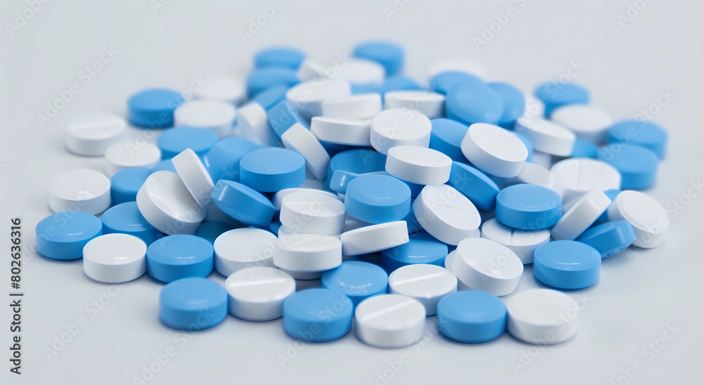 A pile of white and blue round pills on the table