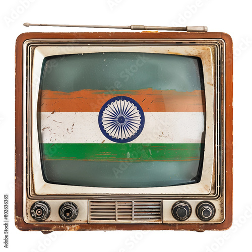 old classic televion with india flag in the screen, isolated PNG, white background photo